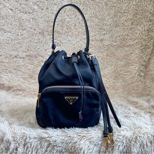 Prada Black Nylon Mini Drawstring Bucket Bag with Gold Hardware